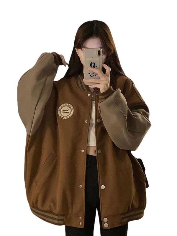美式棒球服学生外套女秋冬季新款秋款潮牌宽松上衣加绒加厚拼色女|undefined