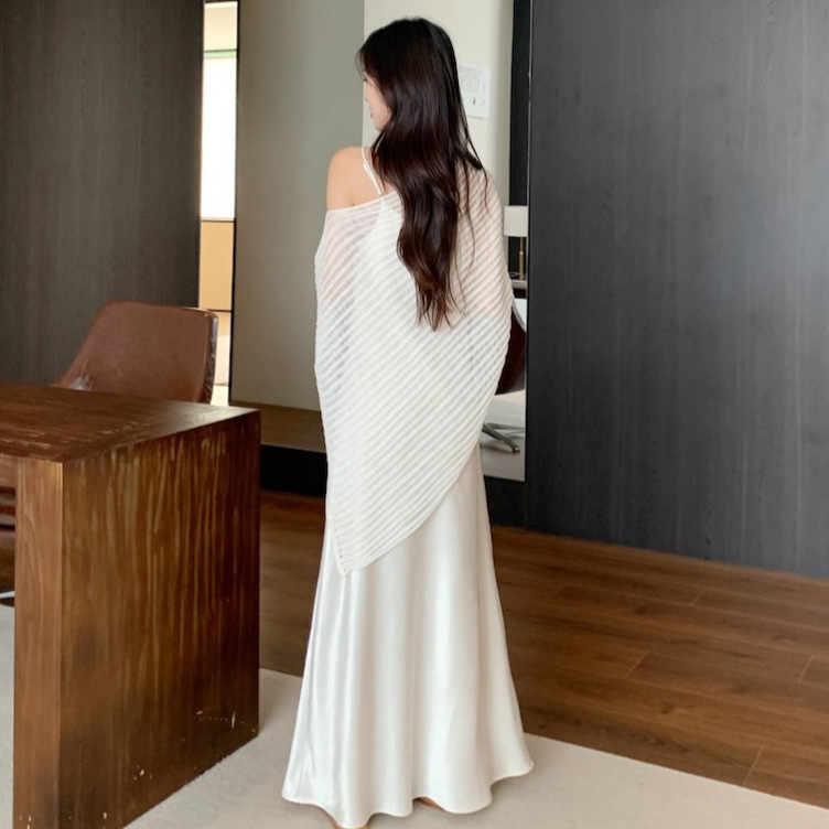 Irregular Elegant Shoulder Knitted Sunscreen Blouse Women's Summer Fashion suit Satin Sling dress Two-piece Set