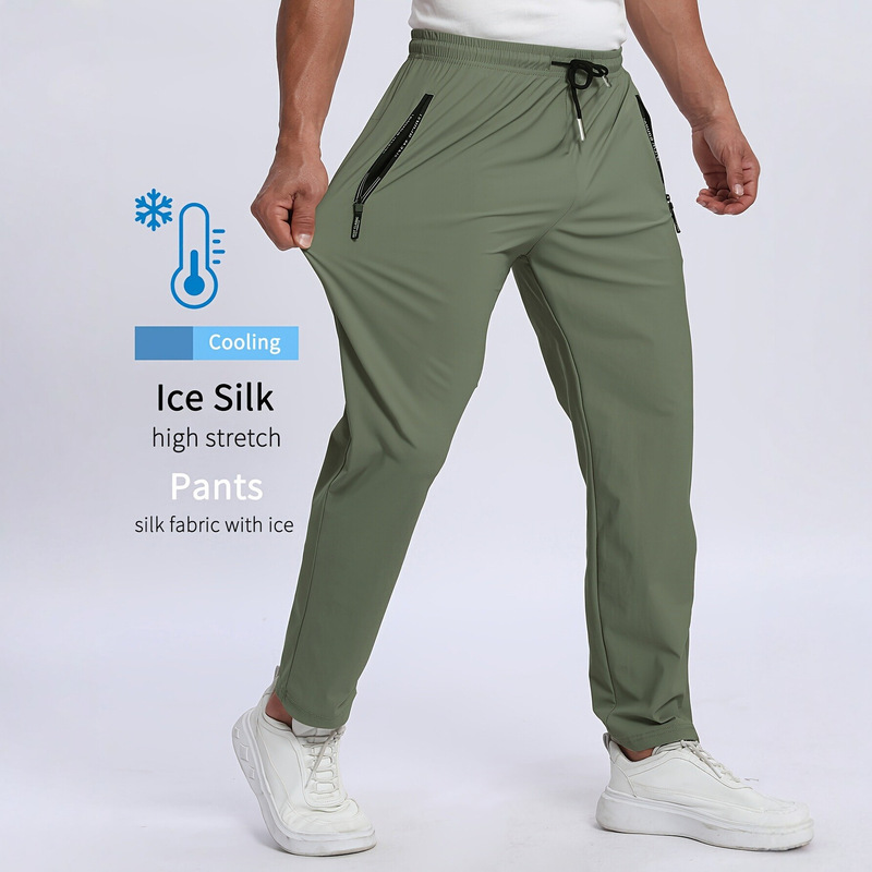European Size Moisture-Wicking Men's Sports Pants with Pockets, Men's Jogging Pants, Ice Silk Quick-Dry ‌ No-Iron Casual Pants