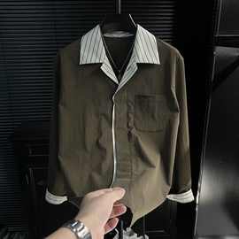 黁白2025春秋新款假两件条纹拼接衬衫男时尚韩版高级感内搭休闲上
