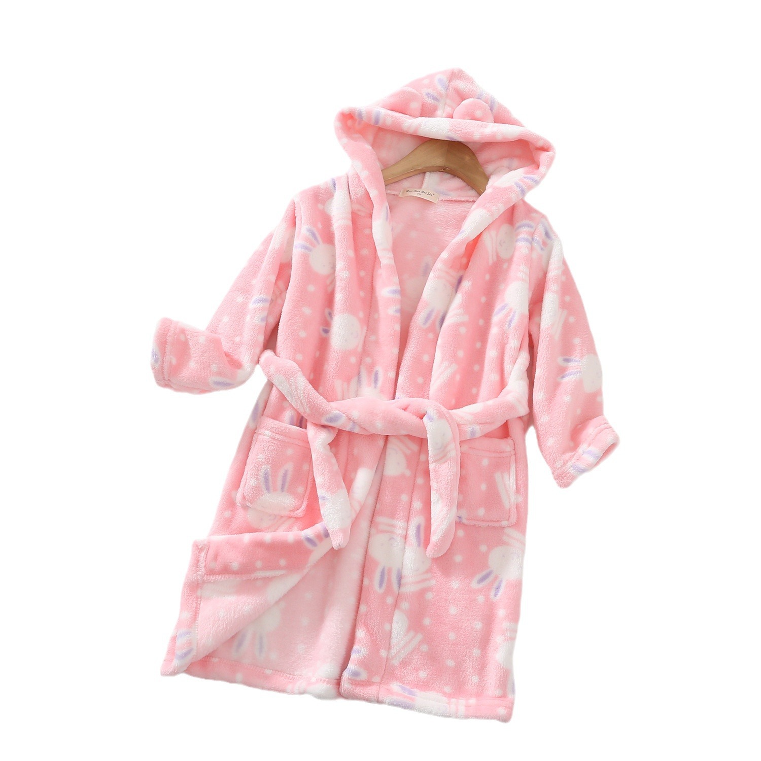 Flannel girls' printed pajamas home clothes children's double-sided fleece hooded bathrobe spring boys' sleeping with pockets
