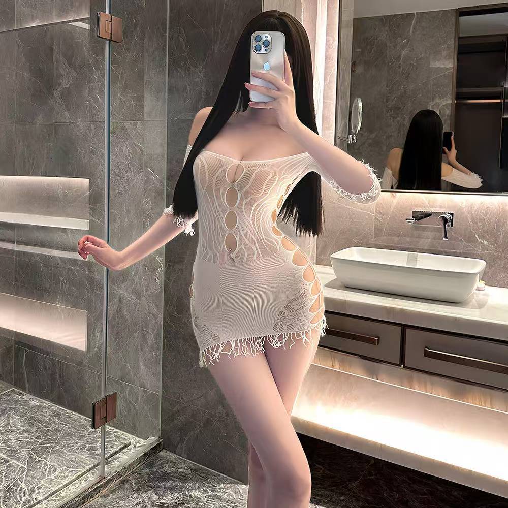 One-Shoulder See-Through Mesh Mini Dress, Long-Sleeve Open-Crotch Lingerie, White One Size — detail image 3
