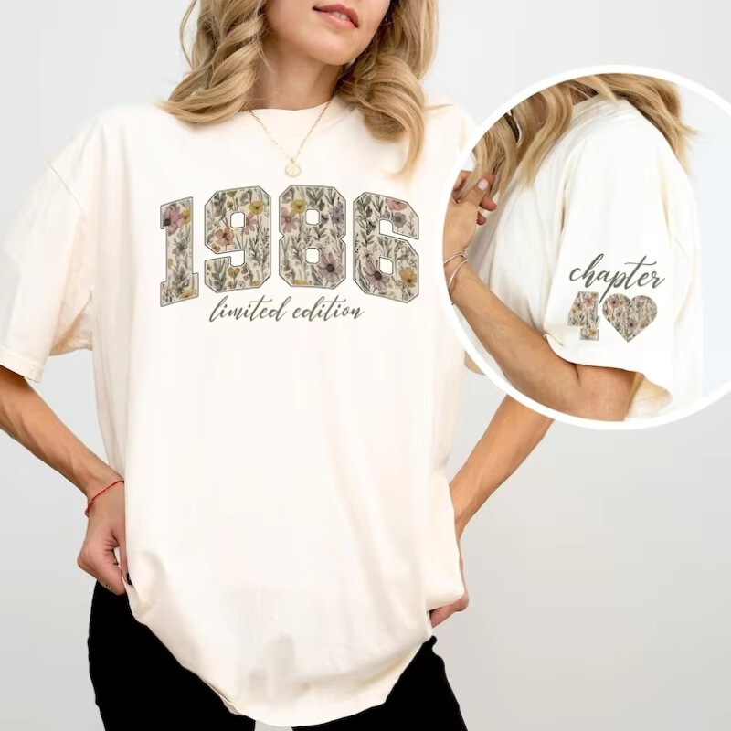 【Cross-Border European Size】Vintage Floral 40Th Birthday Gift for Women Limited Edition 1986 Shirt Chapter 40