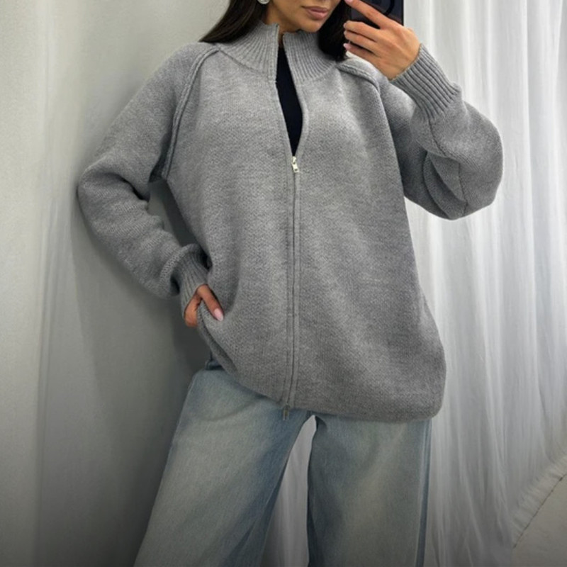 外贸跨境毛衣外套女2025秋冬新款欧美纯色立领拉链针织开衫上衣潮|undefined