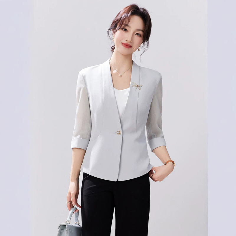 【Foreign Trade Hot Item】Elegant Light Gray Blazer for Women 2026 Summer Half-Sleeve One-Button Slim Fit Women's Jacket