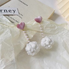 S925粉色爱心耳针长版毛球珍珠耳坠秋冬个性可爱百搭女耳饰无耳洞