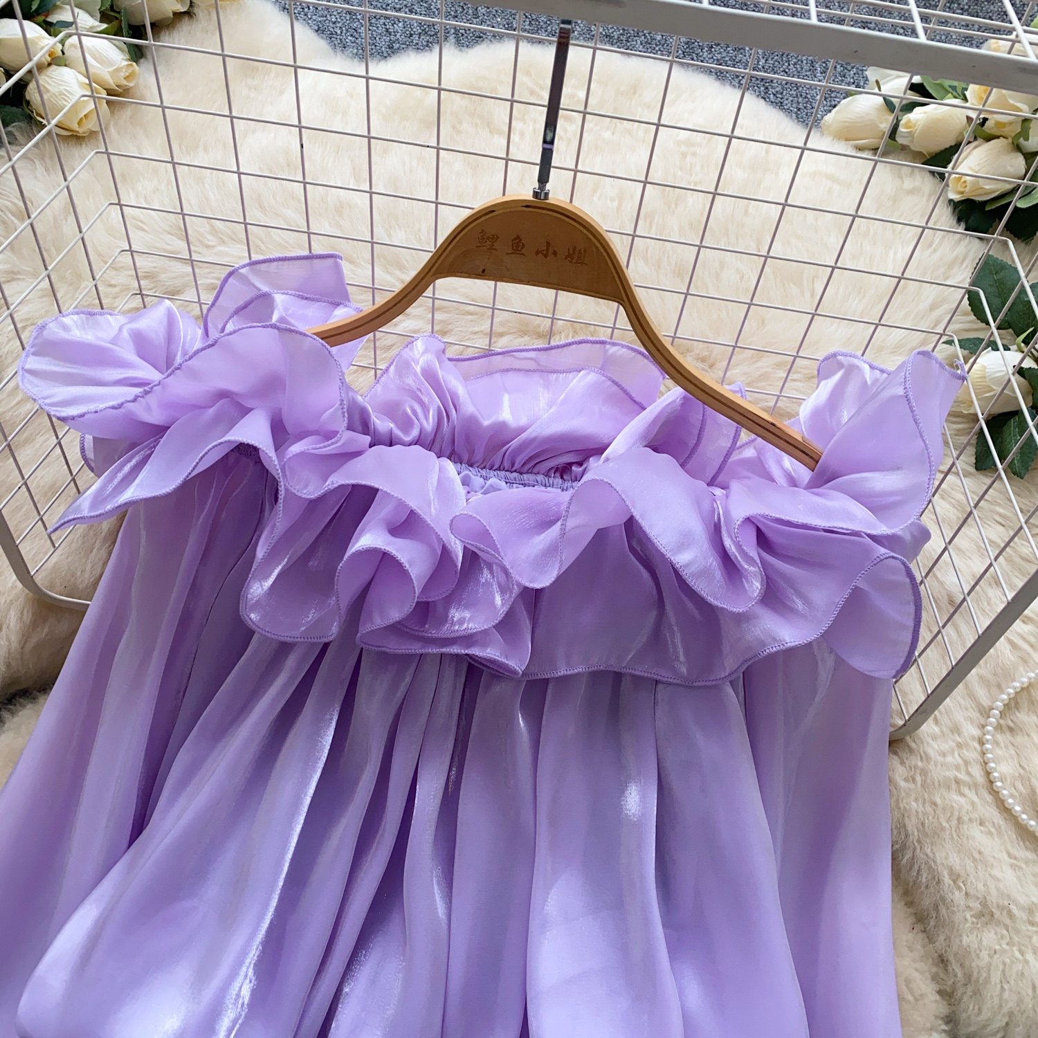 Sweet Off-Shoulder Chiffon Blouse Ruffled Trim Korean Style Long Sleeves Loose Fit Slimming Pink Elegant Top for Summer Women's Clothing_ecoleips.com