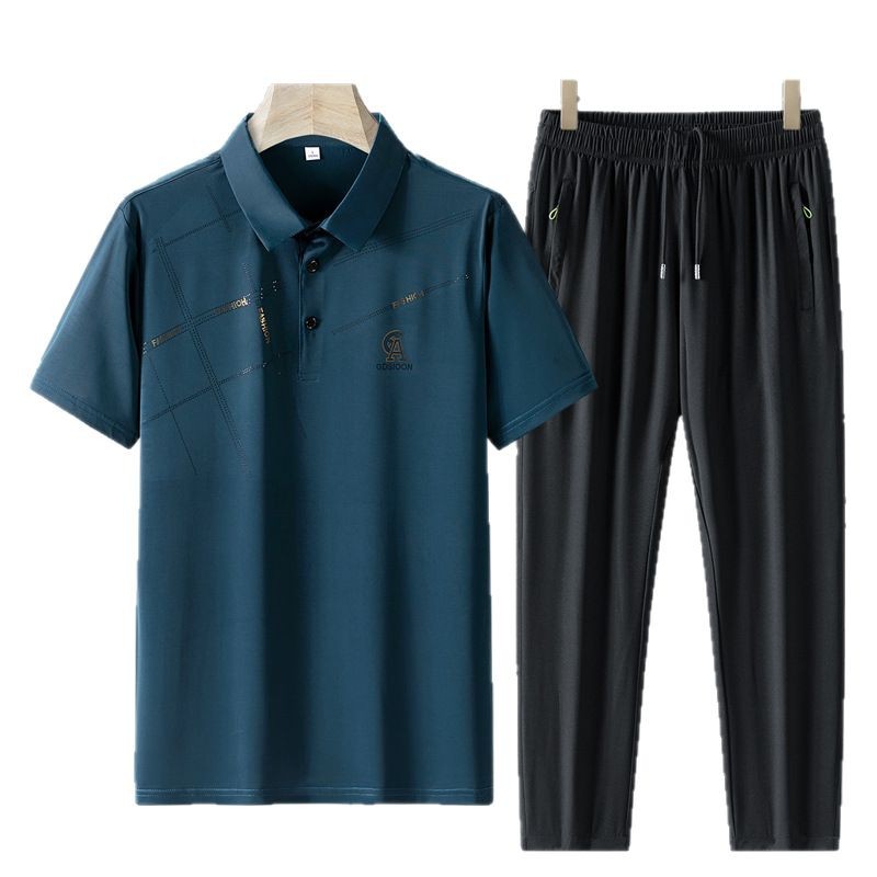 Verano nuevo estilo de mediana edad y ancianos traje deportivo de ocio camisa POLO de seda de hielo para hombres pantalones de dos piezas de papá de manga corta para hombres