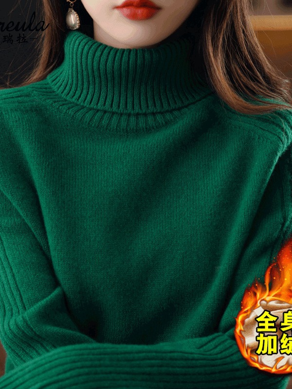 Suéter de cuello alto para mujer forrado de lana engrosado 2024 Otoño e Invierno Nuevo popular estilo occidental interior superior de punto camisa de fondo de Invierno para mujer grueso