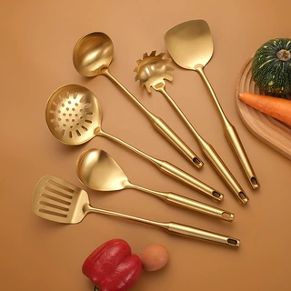 跨境亚马逊不锈钢烹饪锅铲汤勺漏勺炒菜铲子金色厨具礼品套装批发