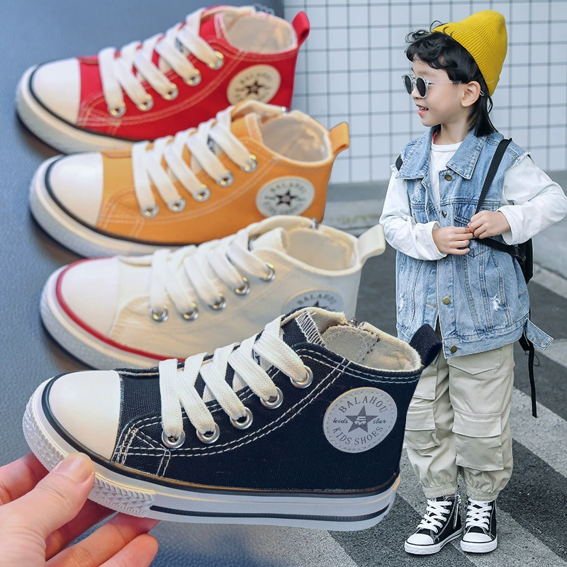 Детские высокие парусиновые туфли 2025, весенний новый стиль, мужские и женские маленькие, средние и большие детские студенческие кроссовки на шнуровке с боковой молнией для всей семьи