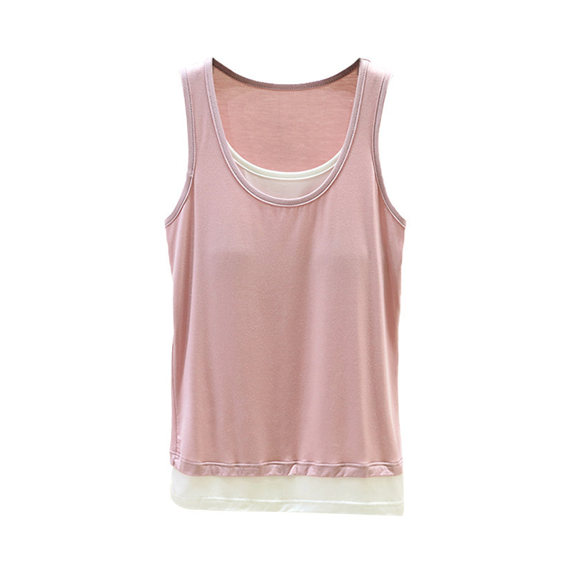 Modal Faux Two-Piece Vest with Chest Pads for Women, Summer Thin Round Neck Sleeveless Top, Plus Size Slimming Casual Base Shirt