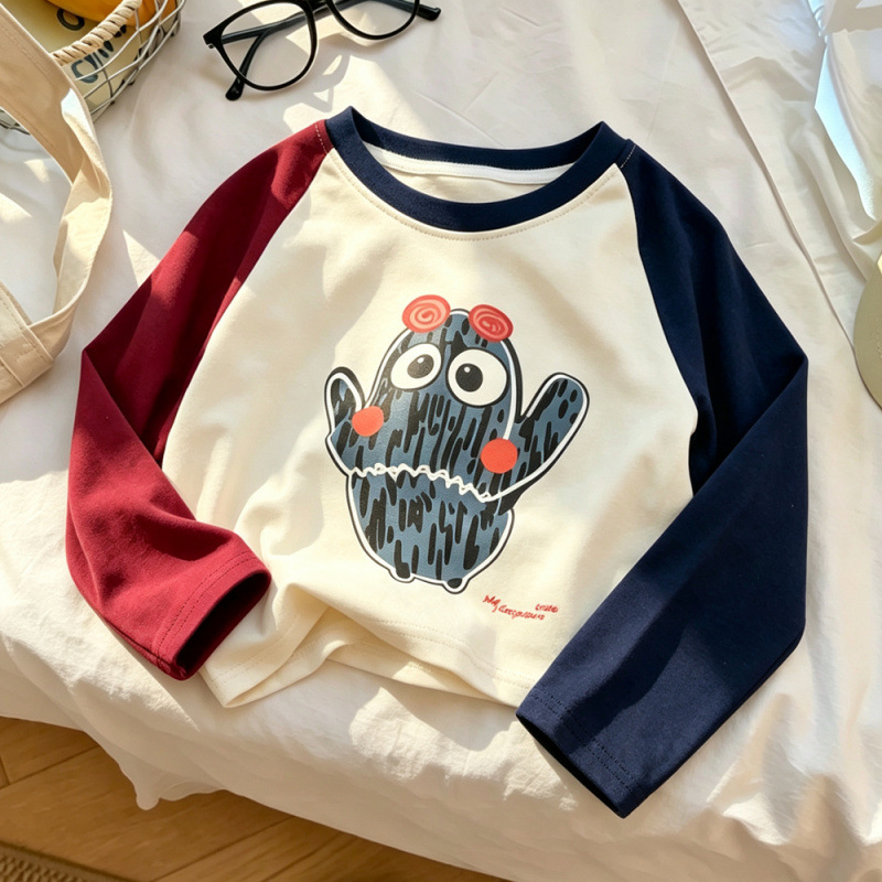 Color-blocked cartoon cactus print children's long-sleeved T-shirt, autumn Korean style, trendy loose round neck top