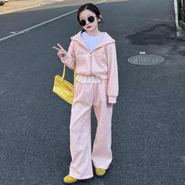 女童春装套装2025甜美时尚中大童蝴蝶结连帽卫衣外套休闲裤两件套