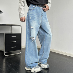 美式vibe牛仔裤男破洞宽松直筒水洗裤子阔腿长裤拖地裤痞帅牛仔裤