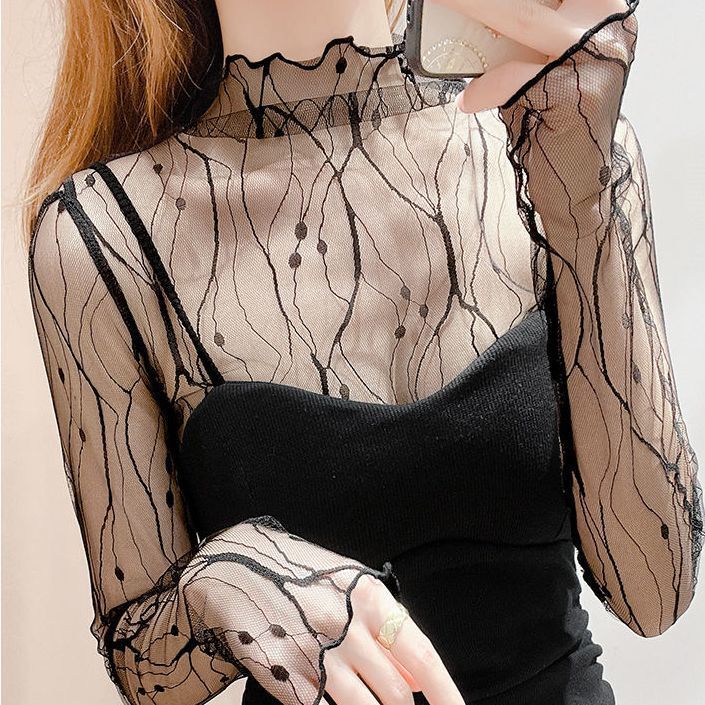 Clear mesh yarn undercoat female spring and autumn long sleeve gauze Western air high collar white lace shirt sexy tulle