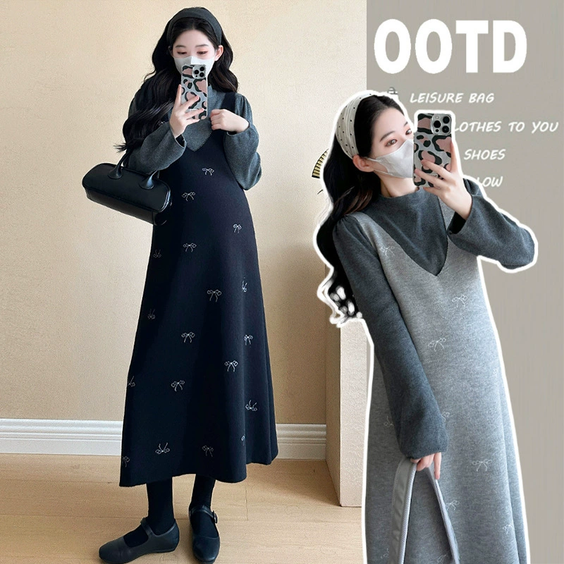 Одежда для беременных осенью и зимой юбка для беременных 2024 новая корейская версия вышивки темперамент тощий свитер юбка спина юбка с пузырьками рукава