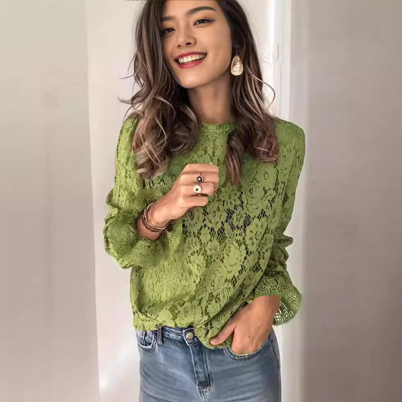 2023 cross-border Amazon wish Europe and the United States ebay new horn sleeve long sleeve hollow lace shirt women's clothing