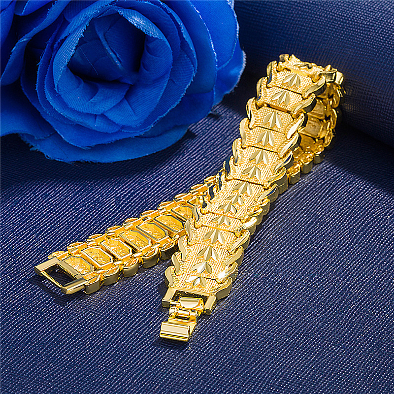 Retro Fashion European Coin Gold-Plated Jewelry Copper Electroplating 24K Gold Men's Wide Version Car Flower Spark Bracelet Watch Chain Wholesale