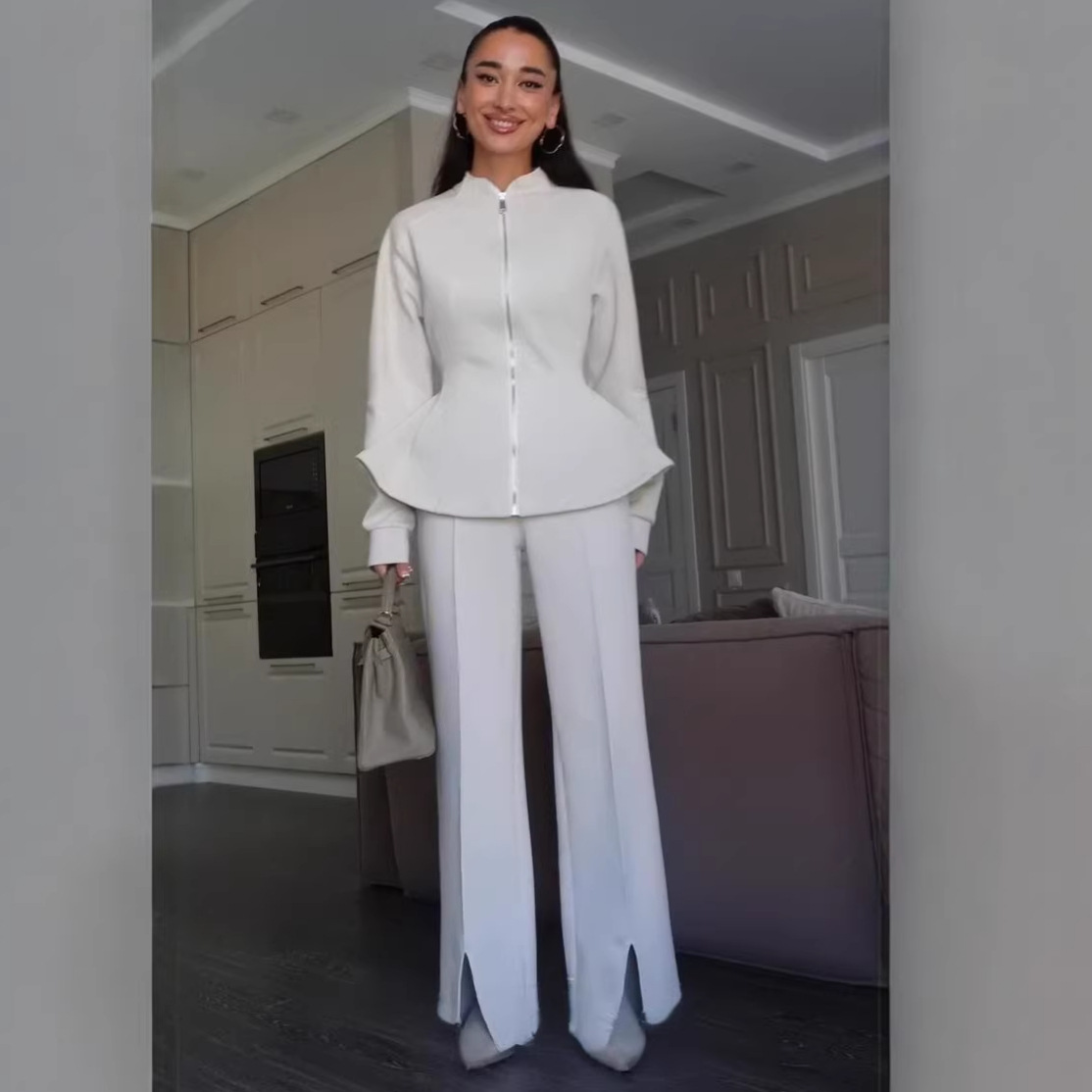 2026 European and American Cross-Border Foreign Trade Women's Professional Workwear Zip-Up Long-Sleeve Jacket Slim-Fit Trendy Straight-Leg Pants Set
