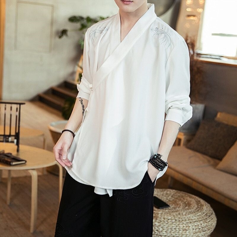 Hanfu Summer Thin Short-Sleeve Diagonal-Collar Chinese Style Men's Clothing, Swordsman Fairy-Like Retro Style Tang Dynasty Top, Improved Ancient Costume