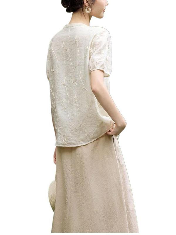 新しい中国風の立体刺繍フラワーシャツ女性夏 2025 新しいシンプルなデザインセンスエレガントな半袖多用途|undefined