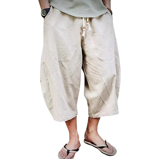 Summer Chinese Style Loose plus size Cotton and Linen Capri Pants Men's Fatty Drawstring Breathable Linen Casual Hallen Trendy Pants