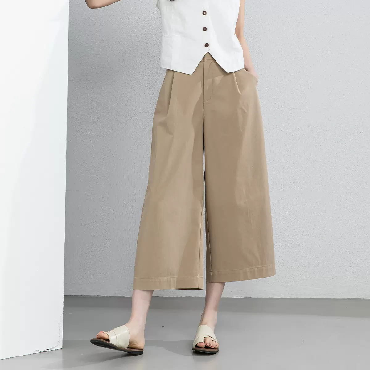 鑫阁新款夏季休闲阔腿裤女宽松透气八分裤裙裤可调节腰前压褶女裤