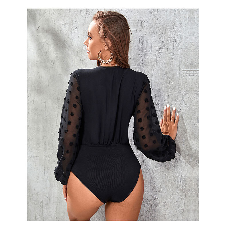 Black Mesh Splicing See-through Long Sleeves Jumpsuit_voghion.com