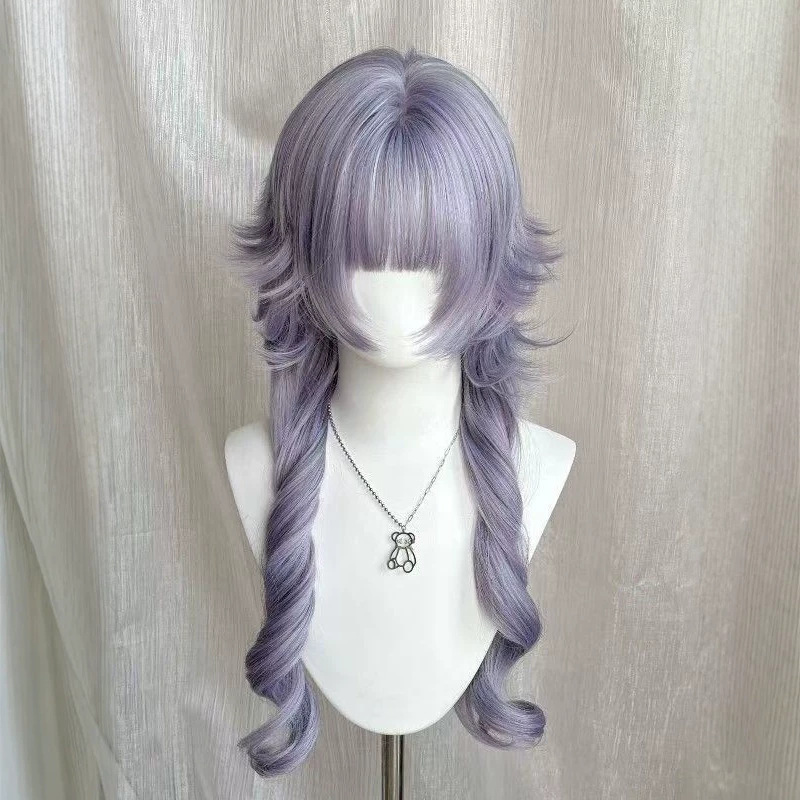 Full Wig for Women with Purple Bangs, Long Curly Hair, Versatile Cosplay Natural Seamless Wig
