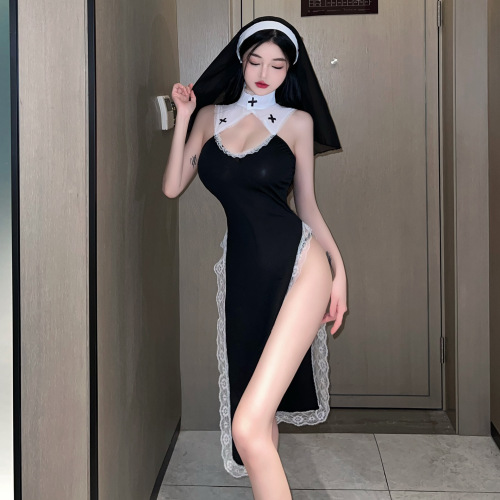 Sexy lingerie, sexy nun costume, role play, hollow uniform, temptation, passionate maid uniform, polyester, one size fits all