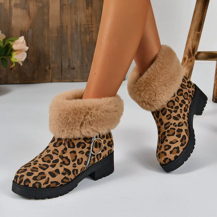 Трансграничные короткие Ботинки Martin больших размеров в Европе и Америке Хлопковые утолщенные Ботинки Челси Зимние сапоги Женские меховые сапоги с леопардовым принтом Оптом