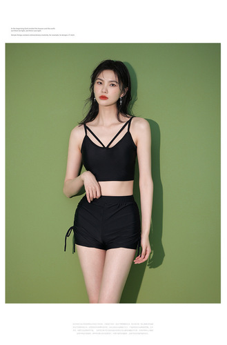 Split three-piece swimsuit women's long-sleeved sun protection cover-up boxer briefs slimming stripes conservative hot spring swimmers only