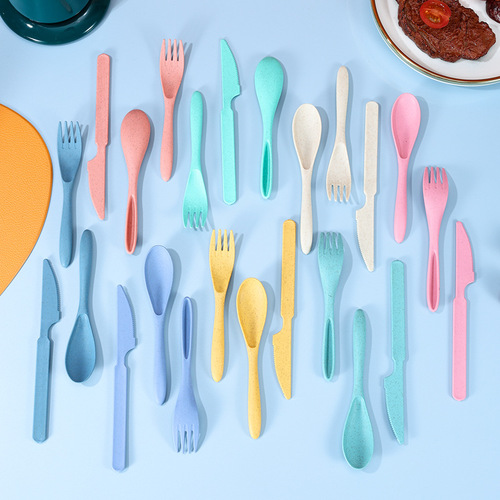 Set of Wheat Straw Tableware Knife, Fork, and Spoon Tri-Set, Student Camping Canteen Outdoor Travel Portable Storage Box
