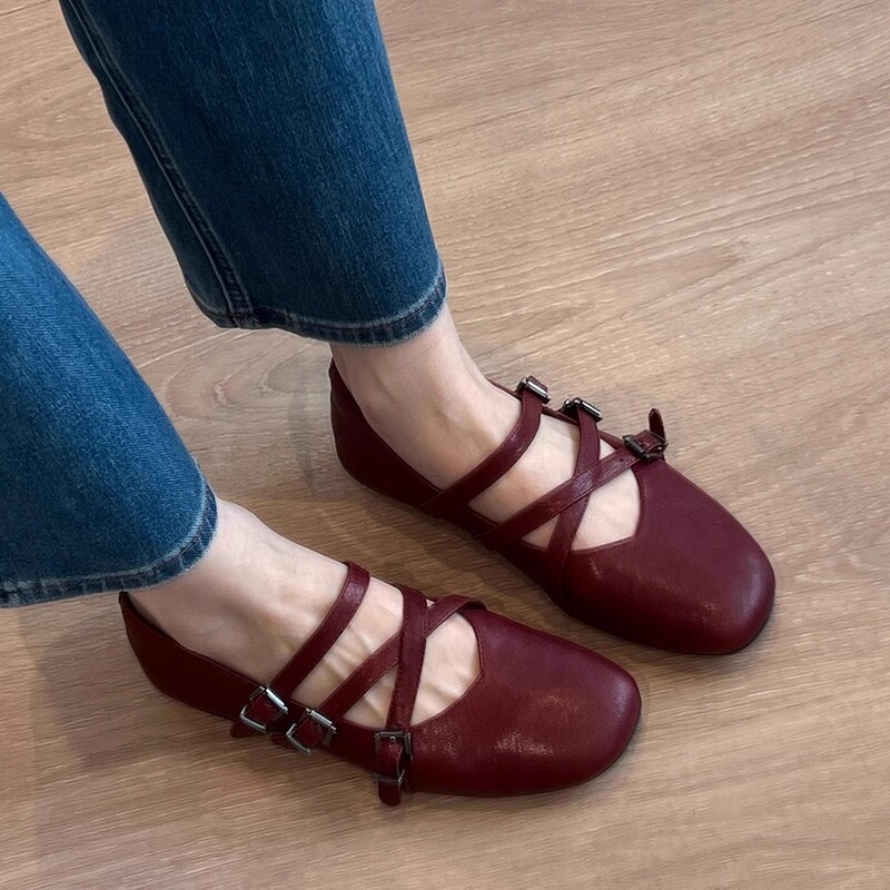 Sheepskin Version~French-Style Cross-Strap Red Mary Jane Shoes, Flat Shoes for Women, Shallow Mouth Evening Fairy Ballet Shoes Sheepskin Version~French-Style Cross-Strap Red Mary Jane Shoes, Flat Shoes for Women, Shallow Mouth Evening Fairy Ballet Shoes