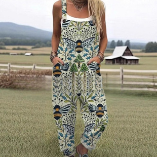 2025 Cross-Border New Women's Clothing Amazon European and American Summer Digital 3D Printed Button Suspenders Casual Pants Suspenders