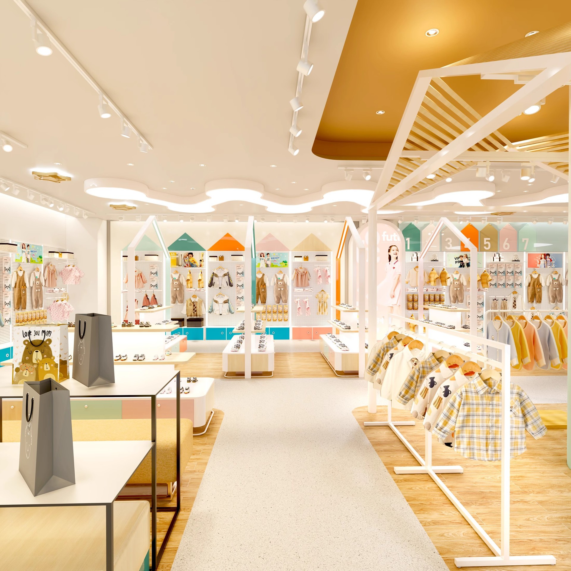 Tienda de ropa personalizada estante de exhibición tienda de ropa infantil estante de exhibición de artículos para niños estante de exhibición de pared