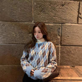 韩版复古百搭撞色菱格毛衣外套女秋冬高级感显瘦百搭针织衫上衣潮