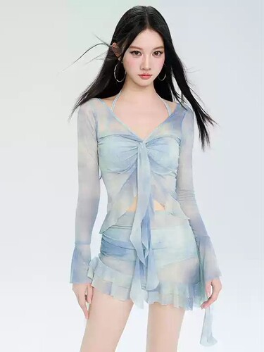 Women's 2026 New Split Skirt Style Tank Top Conservative Long Sleeve Sun Protection Sports Four-Piece Set Slimming Belly Covering Swimsuit