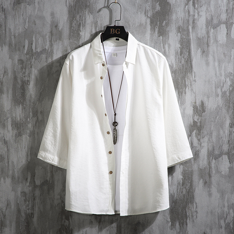 2024 Spring and Summer New Men's Cotton and Linen Seven-sleeve Shirt Youth Loose Plus Size Simple Solid Color Short-sleeve Shirt