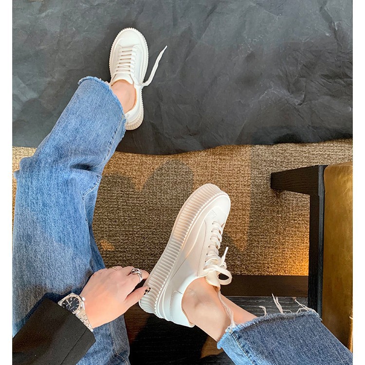 Todo el cuero de vaca ~ todo el cuero de cuero grueso zapatos de moda para mujeres zapatos casuales pequeños zapatos blancos zapatos muffins zapatos de skate