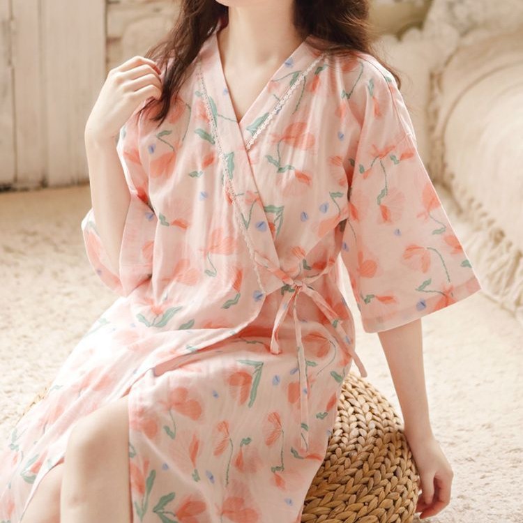 日系和服睡袍薄款裙子绑带浴袍睡衣女夏天家居服夏季款短袖家居服