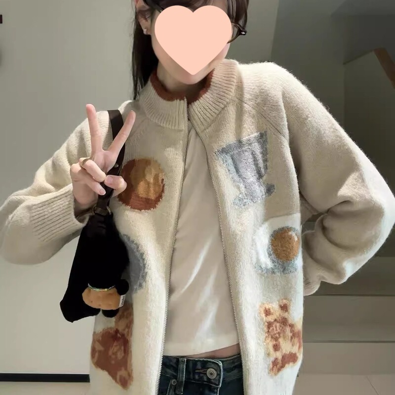 美式学院风针织开衫女秋冬拉链外穿提花毛衣外套宽松慵懒设计感潮|undefined