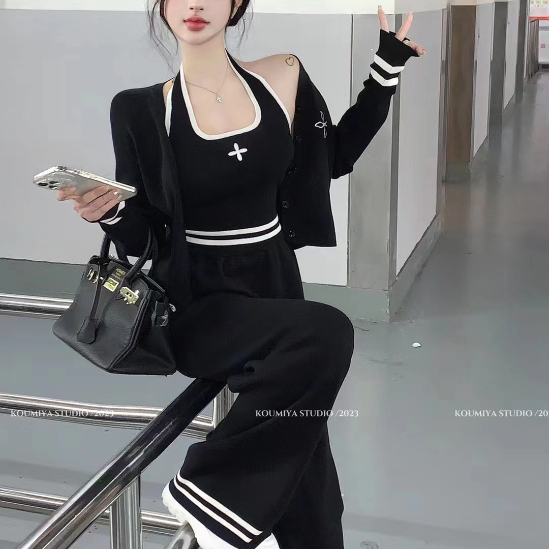 College Style Knitted Casual Suit for Women 2025 Spring Shawl Jacket + Short Vest + Elastic Loose Sweatpants
