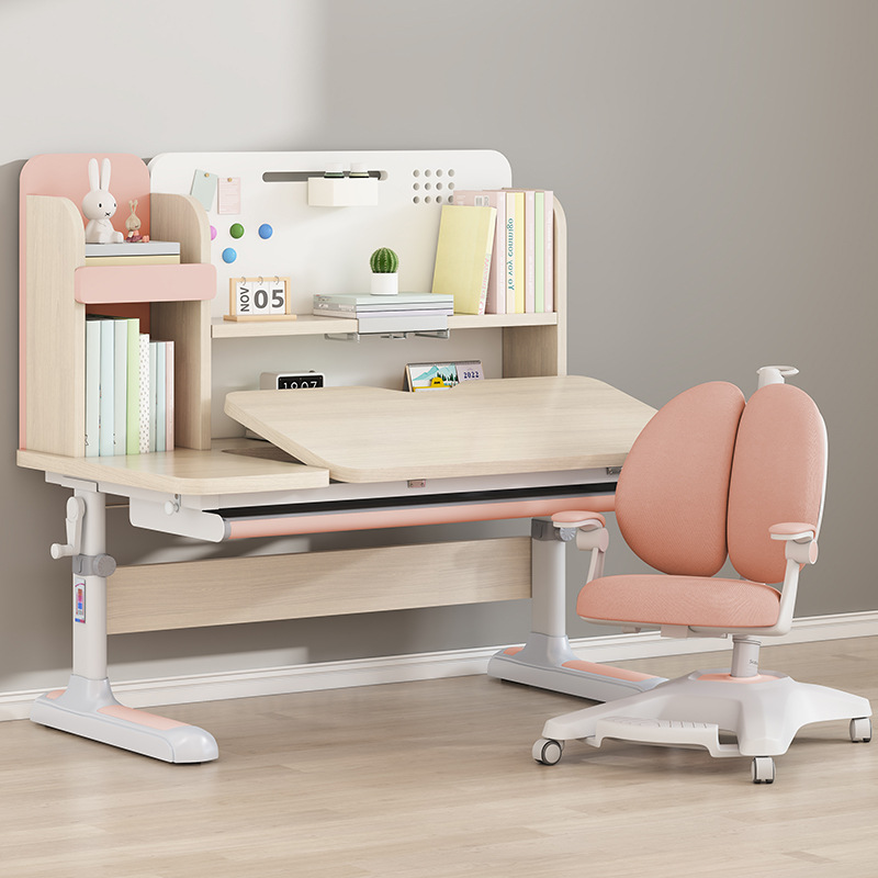Hot Selling New Children's Study Table Primary School Students Home Writing Desk Desk and Chair Set Manual Lifting Solid Wood Desk
