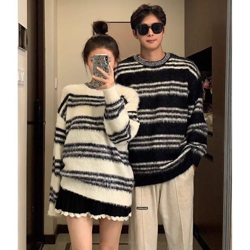 Explosiones transfronterizas de tamaño europeo de tamaño grande jersey peludo a rayas camiseta de punto suéter pareja de hombre otoño invierno fábrica al por mayor