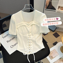 韩国东大门方领上衣女夏季法式小心机设计感显胸露背紧身短袖T恤