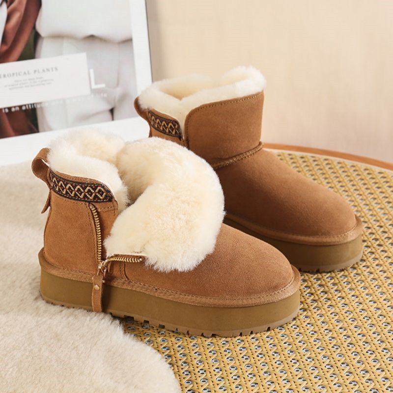 Thick-Soled Snow Boots for Women, New Style Fur Integrated Zipper, Northeast Short Tube Plus Velvet and Thickened Ethnic Style Cotton Shoes
