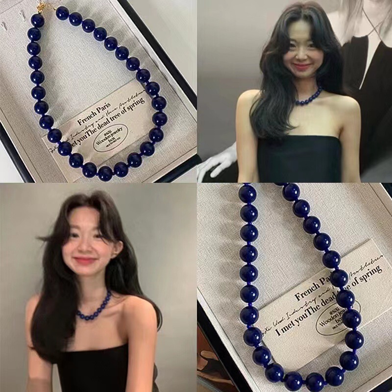 Blogger fever with dark blue round beads beaded necklace retro exaggerated high-end light luxury personality clavicle chain