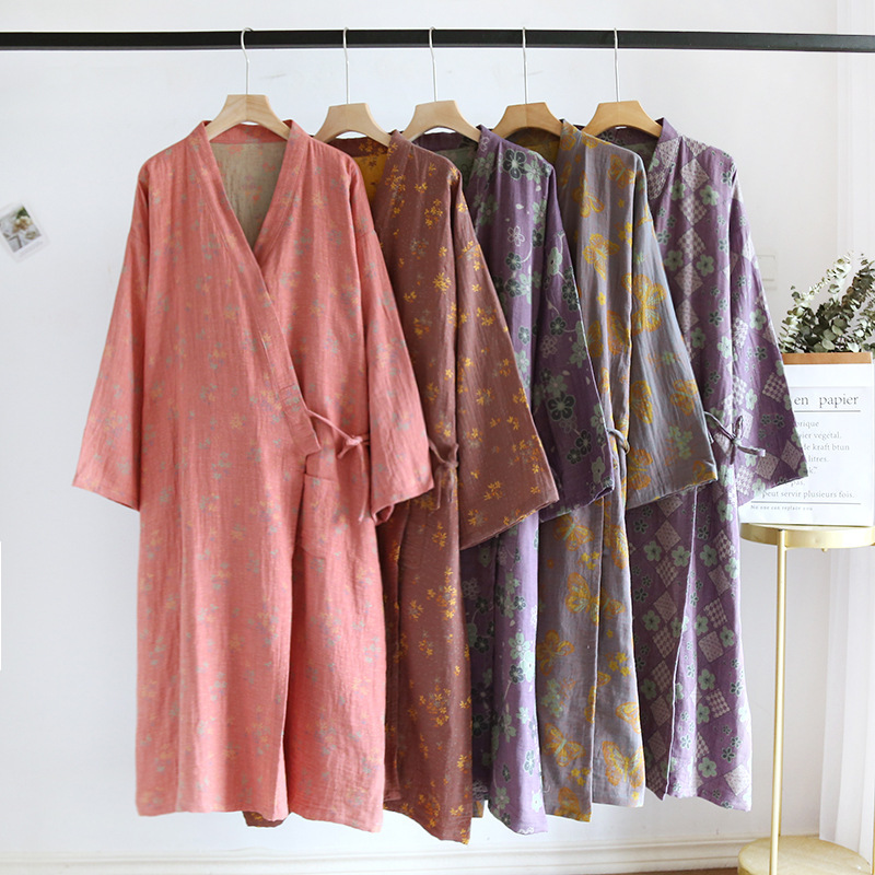 Women's spring and summer cotton yarn-dyed double-sided jacquard Japanese kimono nightgown loose plus size comfortable home washing bathrobe